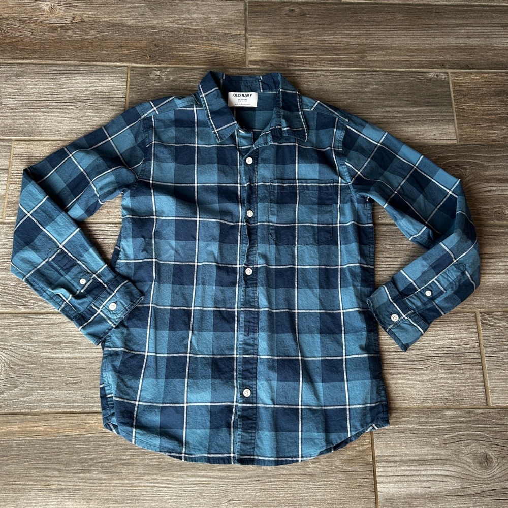 Old Navy Boys Plaid Button Up Shirt Blue Long Sleeve Size XL 14‎ 16